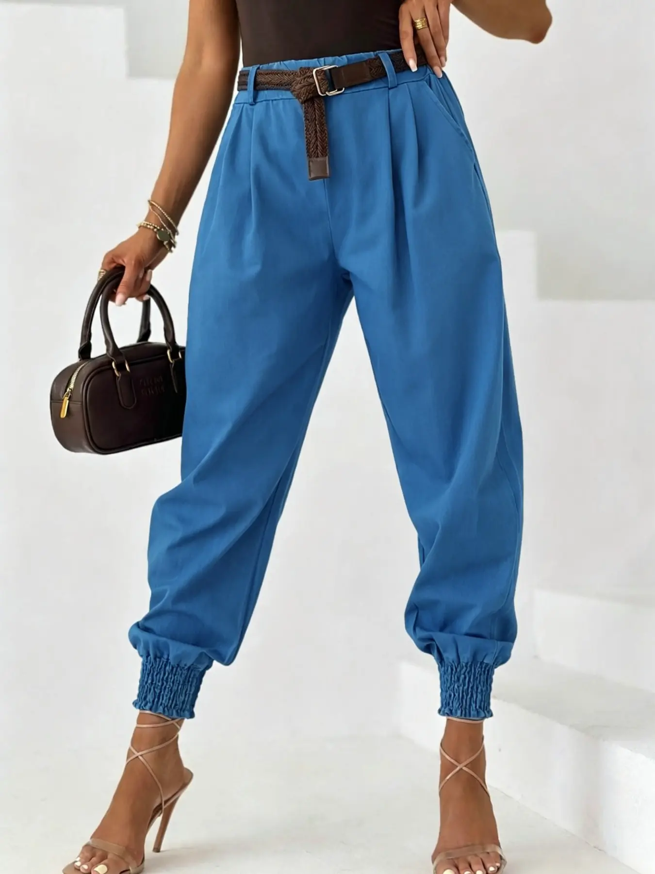 Women's Casual Light Blue High-Waisted Harem Pants, Elastic Waist Loose Drawstring Cuffed Pants, Lightweight Fabric Lantern Pants
