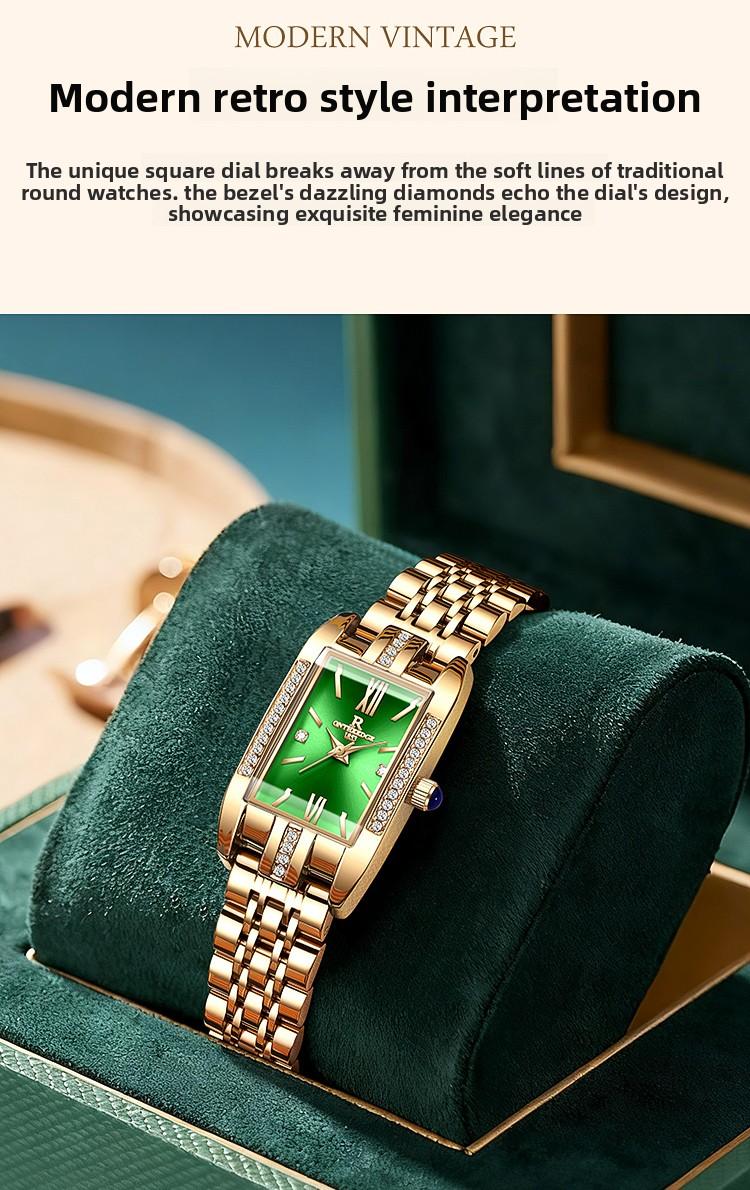 Women's Luxury Gold Rectangle Quartz Watch - Green Dial with Crystal Diamond Accents, Roman Numerals, Stainless Steel Band, Elegant Dress Wristwatch, Perfect Gift for Her