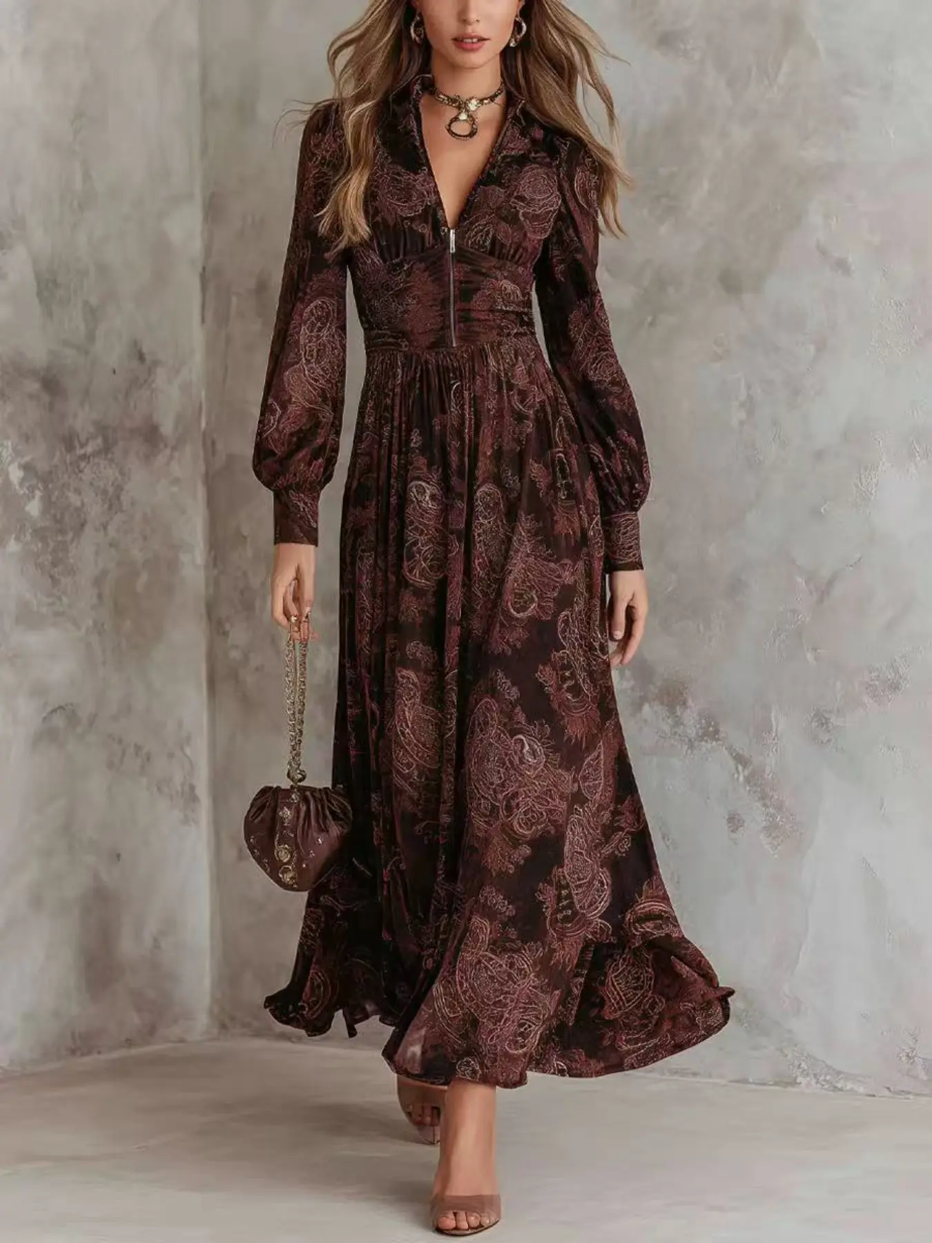 Women's Vintage Paisley Print Maxi Dress, Long Sleeve V-Neck Long Dress with Front Zipper, Elegant Vacation Party Gown