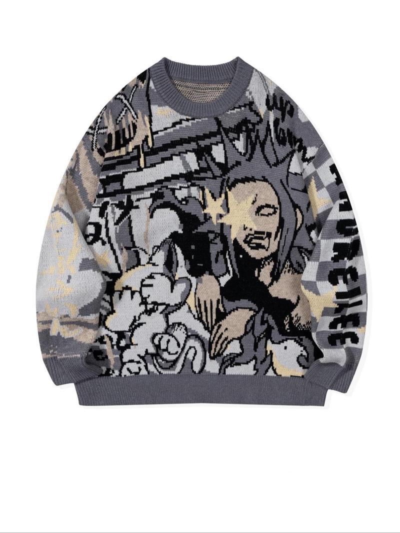 Men's Cartoon Print Round Neck Sweater Knitwear Tops, Loose Casual Long Sleeve Crew Neck Jumper for Spring & Fall, Menswear, Graphic Sweater, Street Casual Jumper