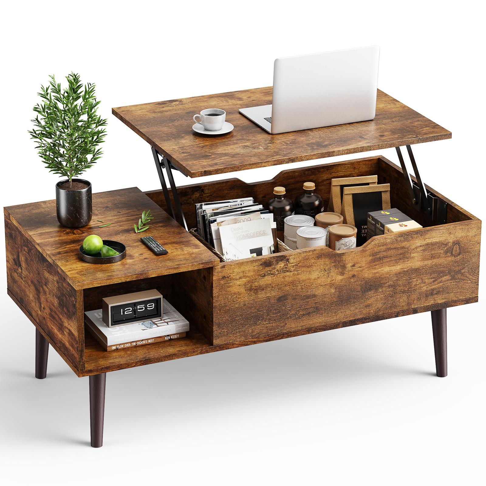 Lift Top Coffee Table with Hidden Compartment and Storage Shelf, Adjustable Wood Center Table for Living Room
