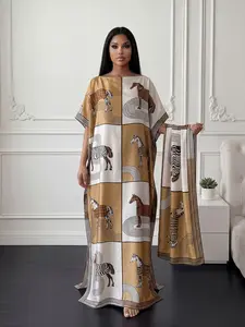 Elegant Animal Print Robe Set, Moimmo Long Dress + Headscarf Scarf, Women's Beach Sun Protection Silk Shawl, Fashionable Summer, Beachwear Cover Up, Summer Coverup, Beach Coverups