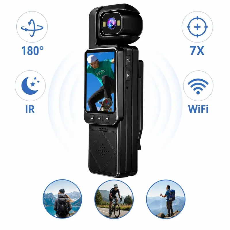 Body Camera WiFi Sports Camera, 1080P Wearable Vlog Camera with IR Night Vision, 7X Digital Zoom, TF Card Support, USB-C Charging for Outdoor Recording