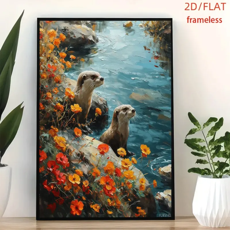 frameless River Otters By Floral Stream Oil Art Art Decor Print Poster, Wall Art for Living Room, Bedroom, Office, Dining Room & Bar, Perfect Gift & Home Decor, 12in x 16in