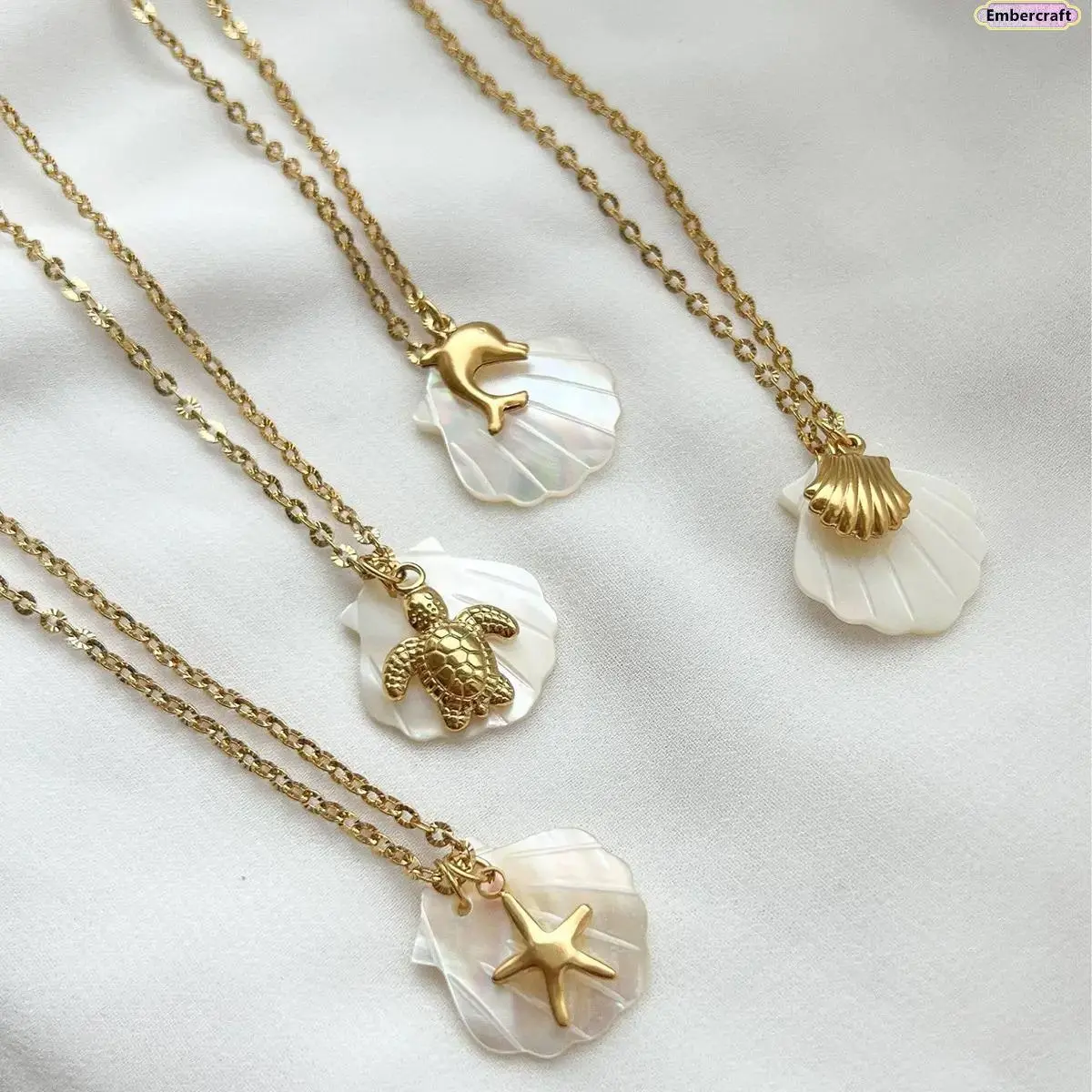 Women's 14K Gold Plated Starfish Necklace - Coastal Ocean Jewelry with Dolphin, Turtle & Shell Pendant Charms - for Beach Trips, Resort Wear