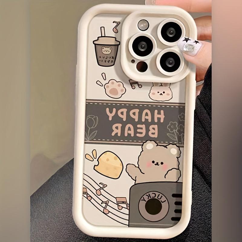 Happy Milk Tea Bear Fully Transparent Anti-Drop Soft Case, Simple and Premium Transparent Air Cushion, Compatible with iPhone 17 E Air Pro ProMax iPhone16 15 14 Plus 13 12 Mini 11 X XS XR
