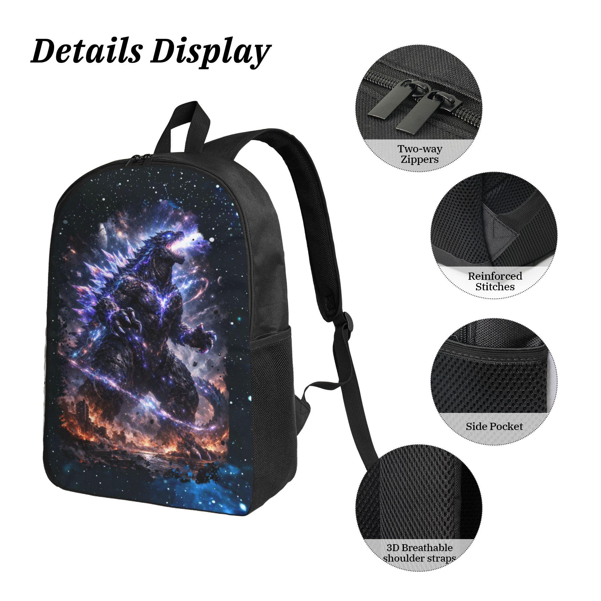 Godzilla Anime Kids' 3-Piece Backpack Set - Polyester Daypack, Lunchbox, Pencil Case, Durable, Stylish Casual School Supplies for Back to School, Printed, Unisex