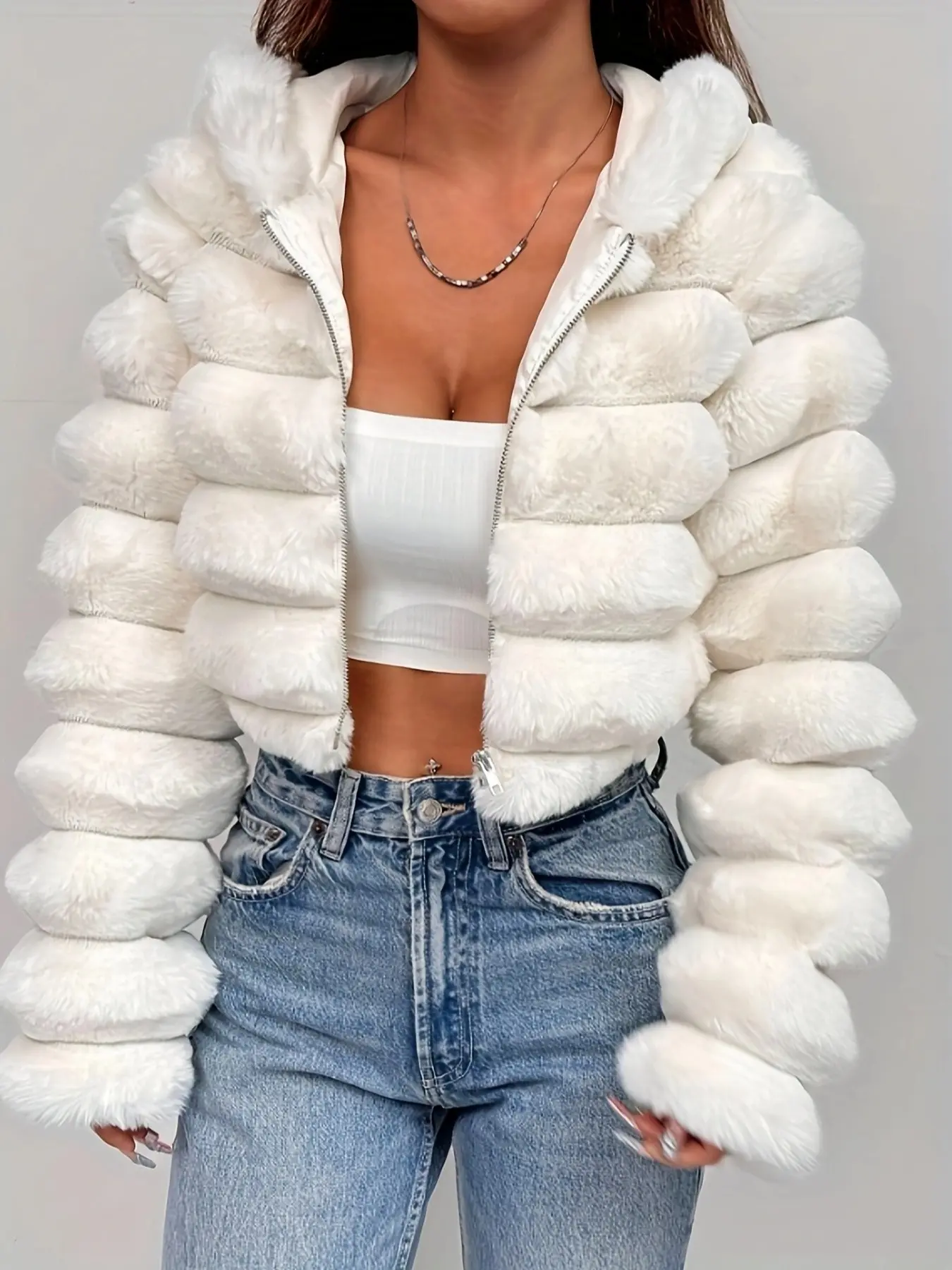 Women's Short Hooded Coat, Faux Fur Striped Plush Jacket, Trendy Fashion Outerwear, Warm and Cozy Winter Clothing