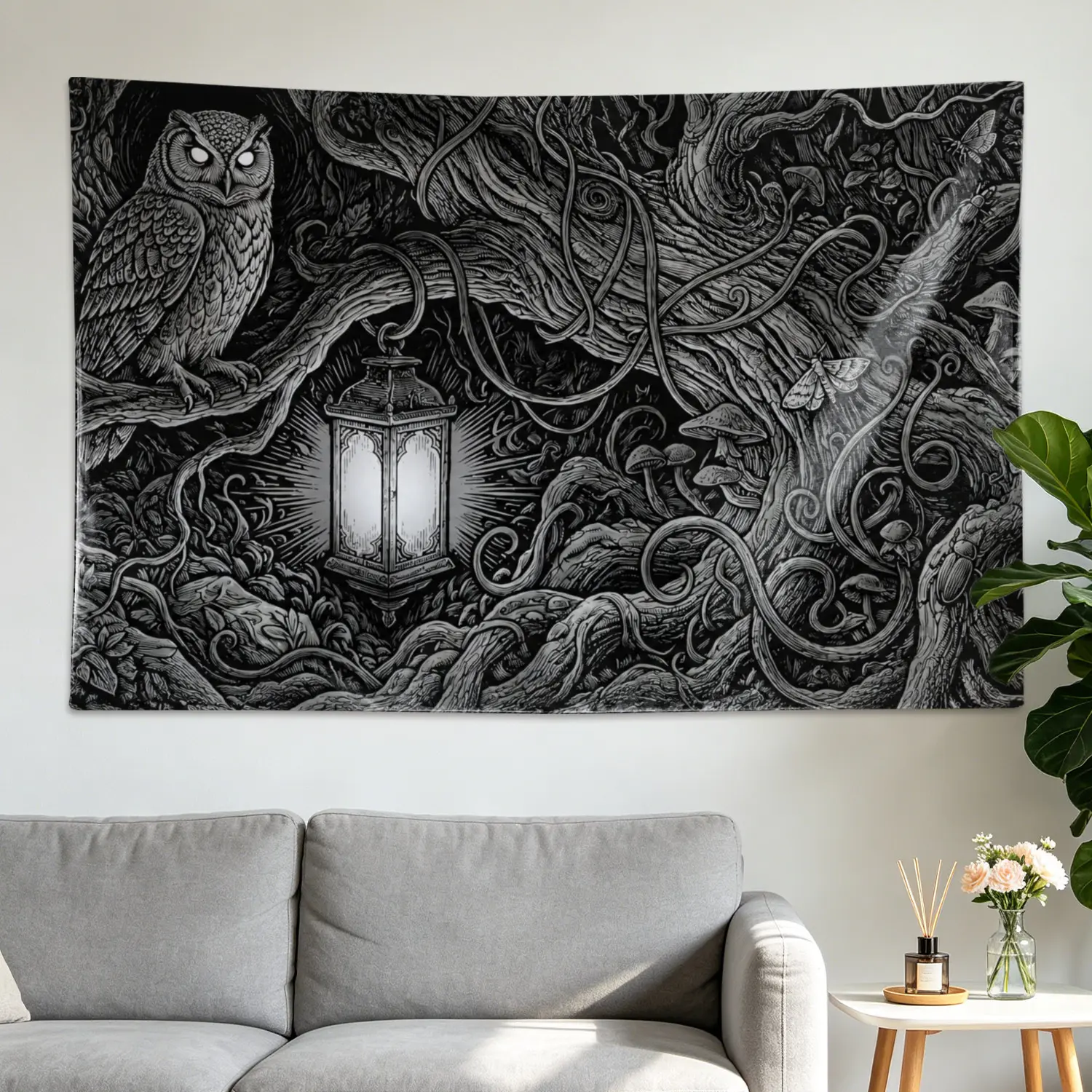 Mysterious Owl Forest Lantern Black And White Wall tapestry, Large size Printed Horizontal Tapestry blanket, Polyester Fabric Wall Hanging for living room, bedroom, No Installation Required, Indoor, Outdoor, Gift for Family and Friends