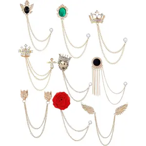 9Pcs Tassel Chain Brooch Collar Pins Rose Flower Rhinestone Angel Wings Wolf Head Hanging Chains for Suit Lapel Tuxedo Shirts Tie Hat Scarf Brooch Pin Fashion Jewelry for Men's AccessoriesGift.