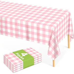 4 Pcs Pink Gingham Tablecloth 54 × 108 Inches Pink and White Checkered Disposable Plastic Waterproof Tablecover for Outdoor Picnic Birthday Party Holiday Dinner