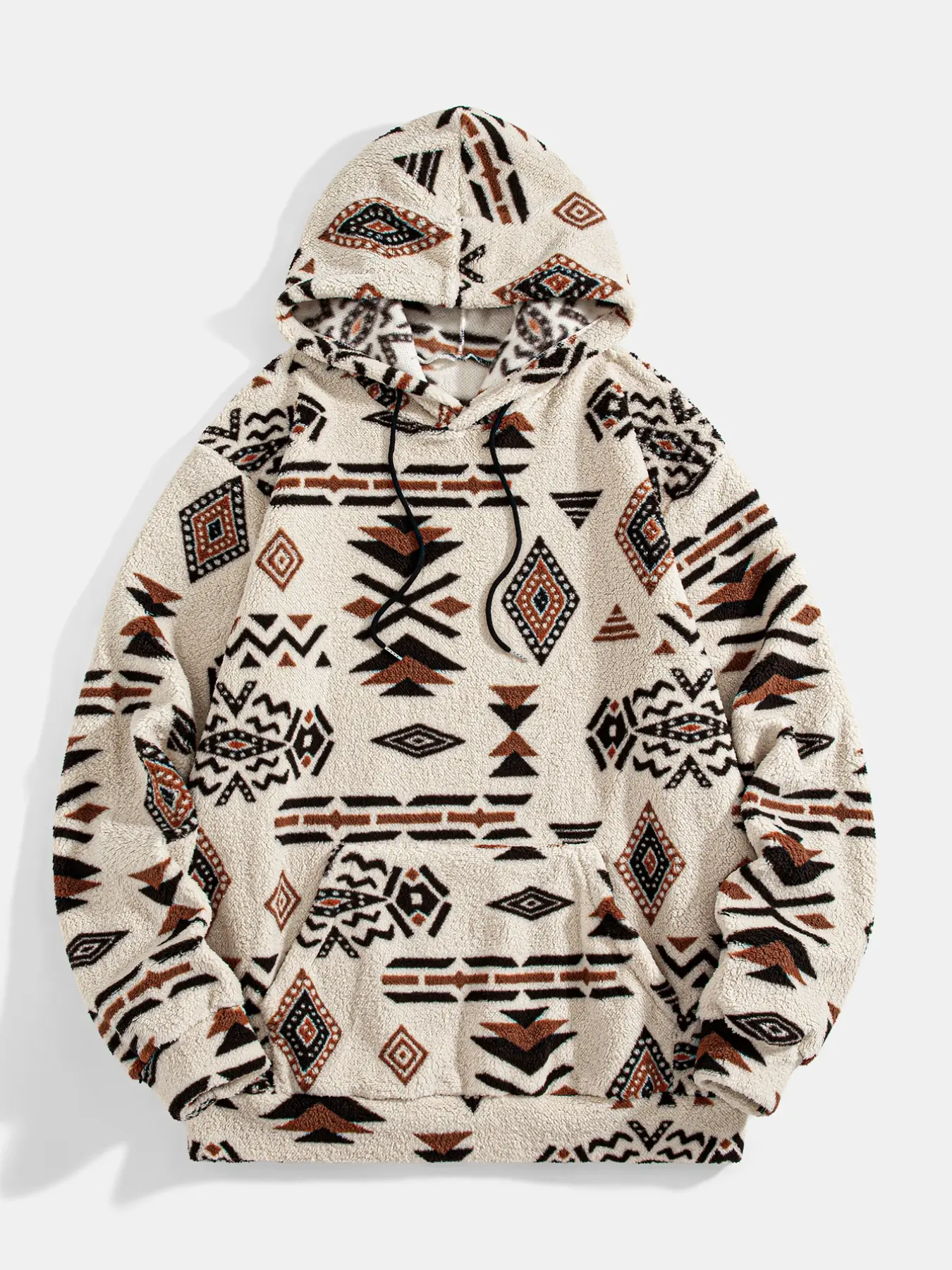 Boho Aztec Tribal Print Men Plush Hoodie, Fluffy Warm Fleece Pullover, Winter Sweatshirt for Vacation, Street Shopping, Casual Outdoor Wear