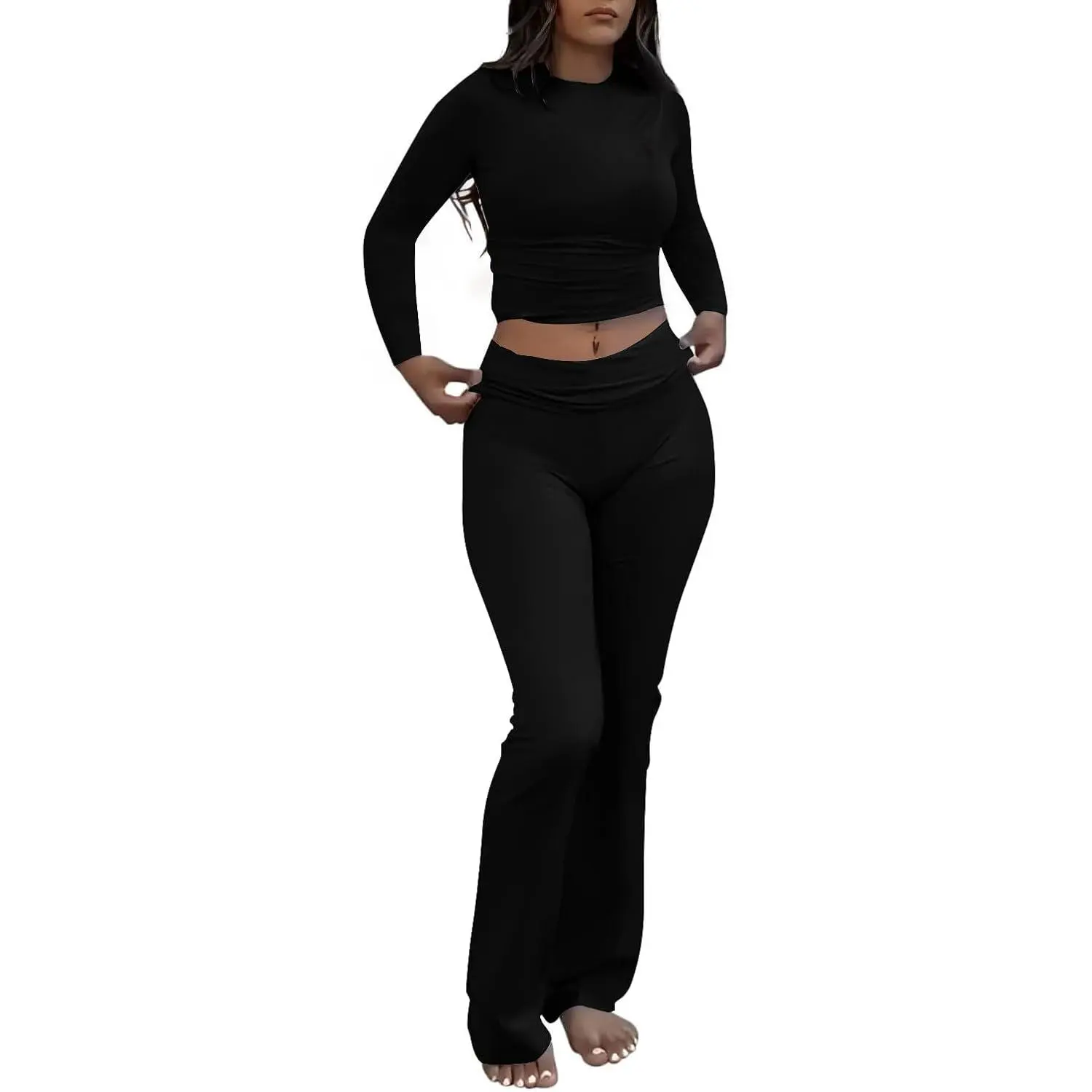 Women's 2 Piece Outfits Foldover Flare Pants Long Sleeve Crew Neck T-shirt Fitted Pajama Sets