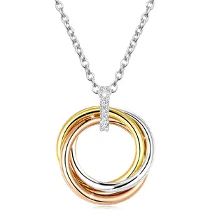 Three-Color Interlocking Circle Pendant Necklace for Women,Simply Dainty Cubic Zirconia Pendant with Adjustable 16+2" Chain
