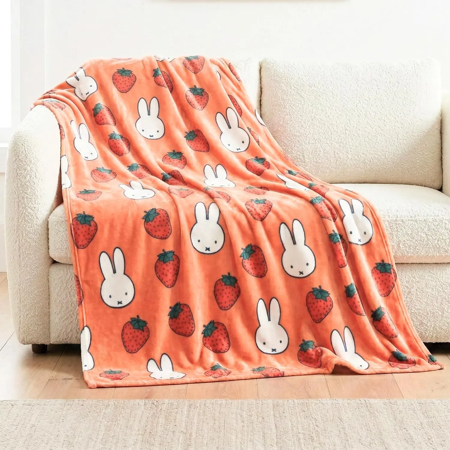 Miffy Rabbit Animal Motif Strawberry Flannel Blanket - 100% Polyester, Cozy Look, Soft, Warm, Anti-Pilling, Durable, Machine Washable, All Seasons Bedding Throw, Fluffy Texture, Home/Camping Indoor/Outdoor Use, Ideal for Napping, Travel Enthusiast Gift