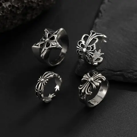 4 Pcs Punk Gothic Metal Rings for Men, Punk Style Ring, Ring Set, Cool Party Accessories, Best Gift for Boyfriend, All Seasons Wear, All over Print Design