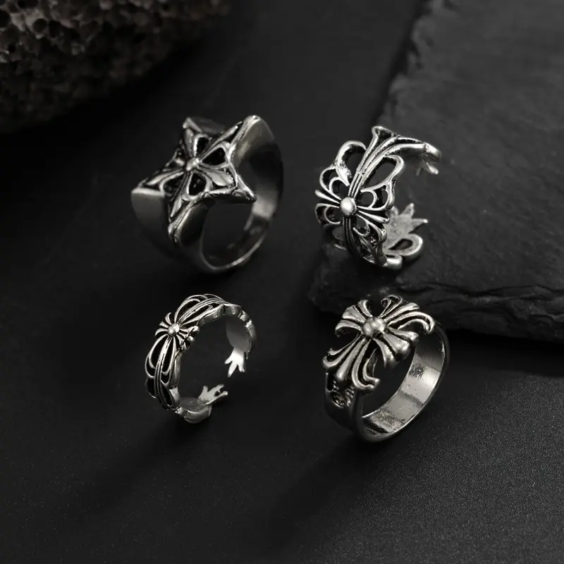 4 Pcs Punk Gothic Metal Rings for Men, Punk Style Ring, Ring Set, Cool Party Accessories, Best Gift for Boyfriend, All Seasons Wear, All over Print Design