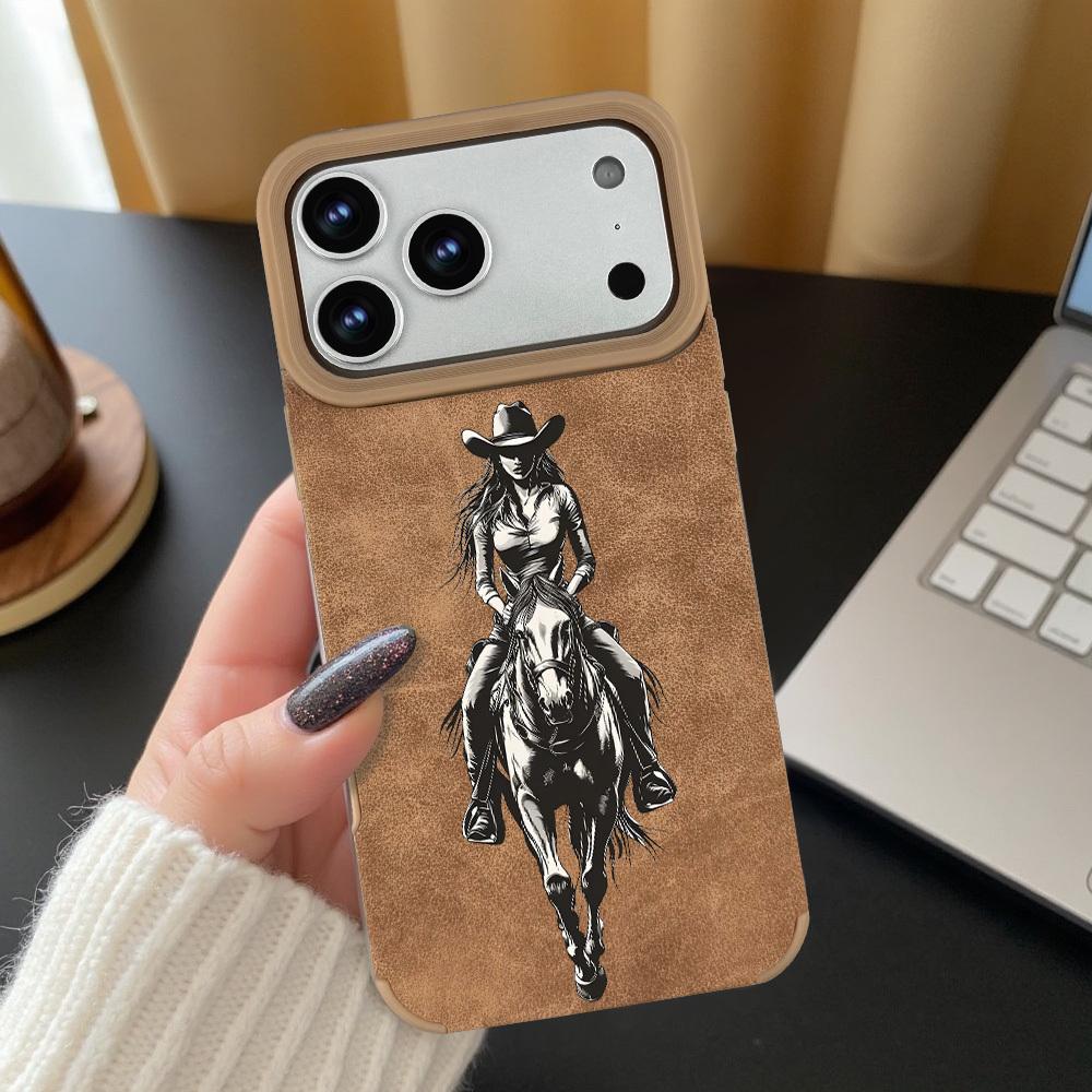 1pc brown cowboy riding horse print pattern, matte faux leather full-cover large hole protective phone case Compatible With IPhone 17/17 Air/17 Pro/17 Pro Max/16/16 Pro/16 Plus/16 Pro Max/15/15 Plus/15 Pro/15 Pro Max