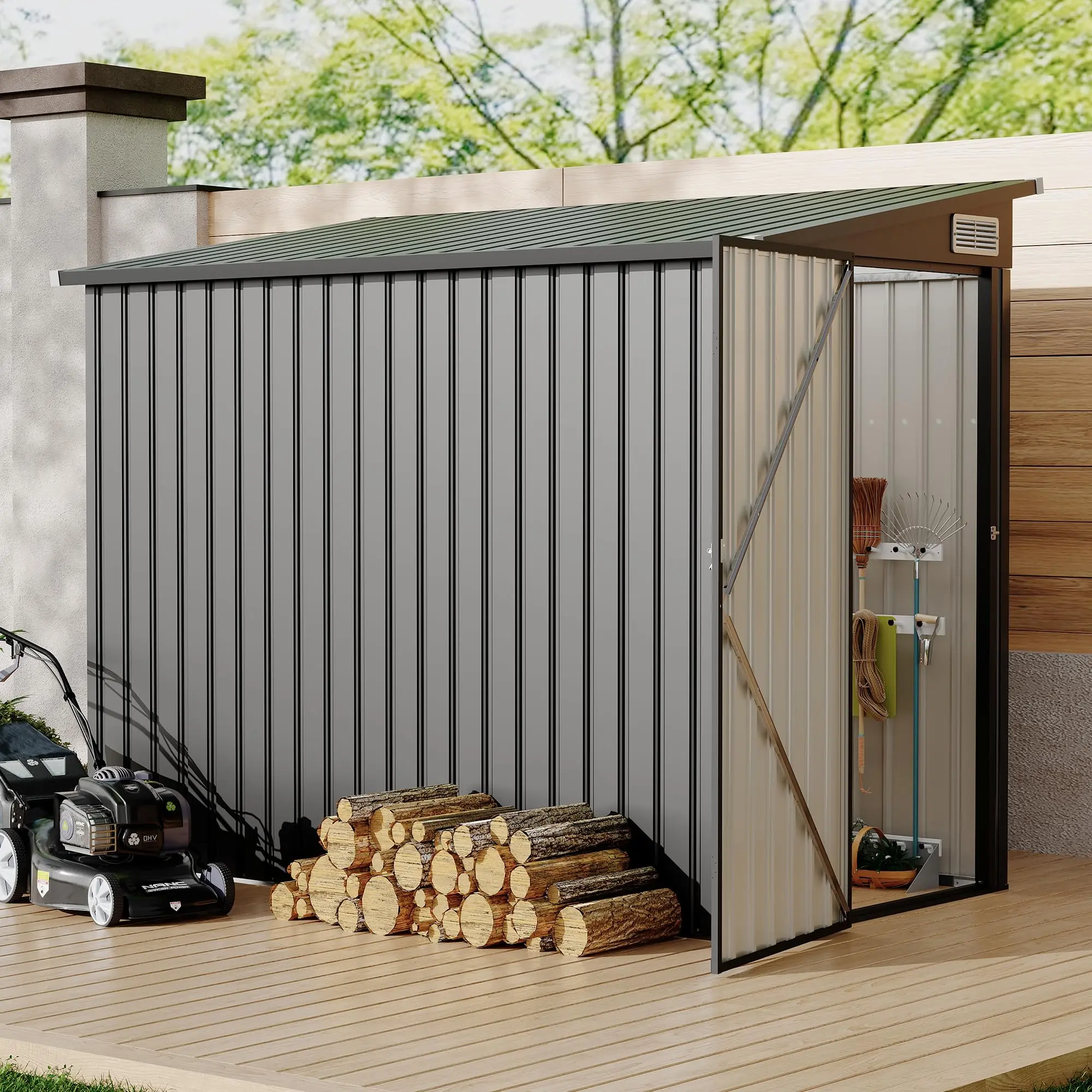 Heavy-Duty 4x8 FT Lean-to Metal Outdoor Storage Outdoor Storage – Waterproof Garden Tool & Equipment Organizer with Lockable Door & 2 Air Vents – Fits Trash Cans, Bins, Bikes