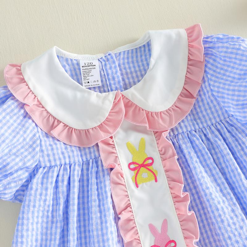 Emmababy Kids Baby Girls Dress Easter Clothes Rabbit Embroidered Plaid Short Sleeve Casual Dress Toddler Princess Dress 1-6 Years