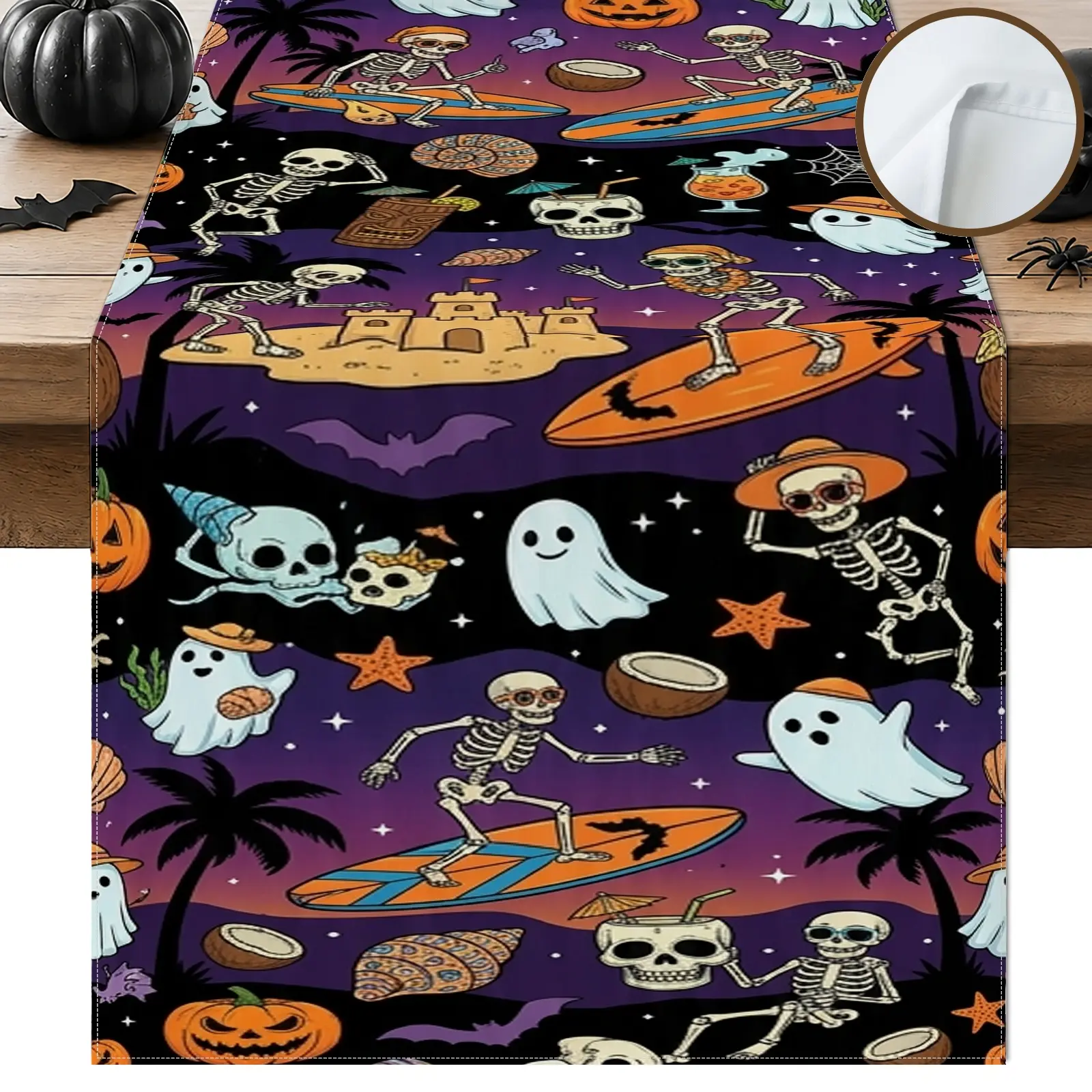 1pc Skeleton Pumpkin Ghost Beach Table Runner, Halloween Vintage Style, Colorful Cartoon Design, for Dining Table Halloween Party Home Decor Seasonal Table Decor