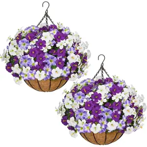 2-Piece Artificial Hanging Planter Set, Realistic Silk Morning Glory, UV-Resistant, Ideal for Porch, Patio, Balcony, Garden Decor