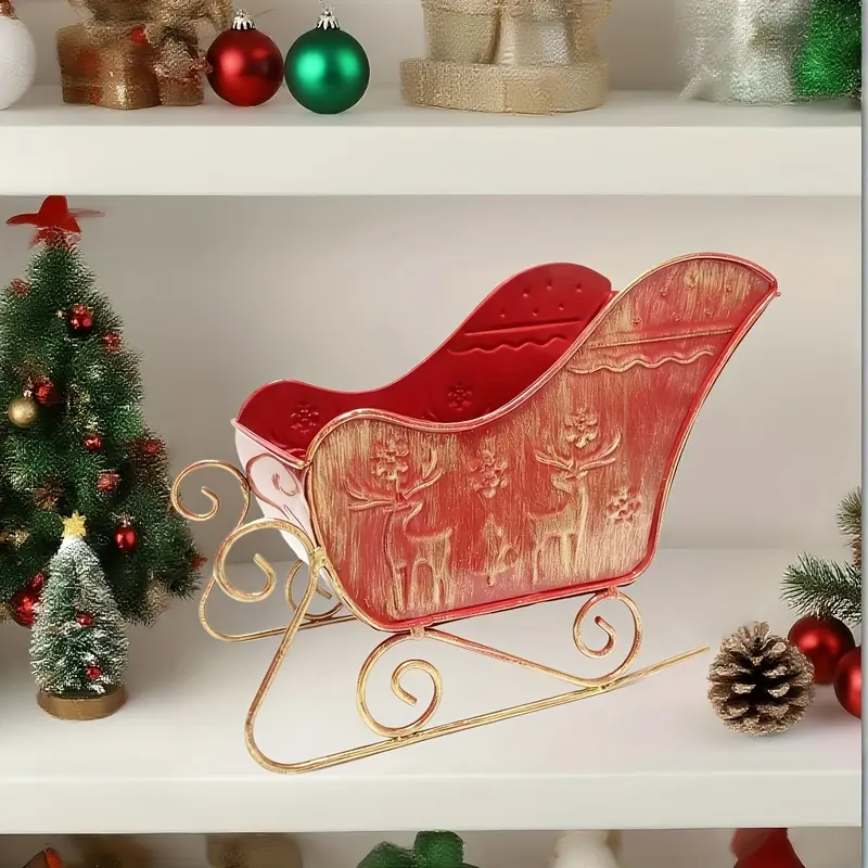 Christmas Red Sled Decoration - Rural Farmhouse Christmas Sled Center Decoration, Festive Atmosphere Desktop Display, Gift Home Table Decoration, Durable Iron Christmas Decoration