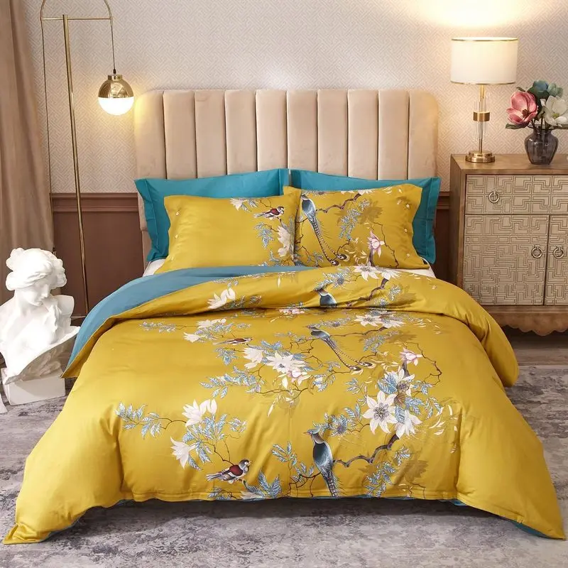 King Size Embroidered Floral Birds Comforter Set - Soft, Lightweight, Wrinkle-Free Reversible Comforter with Pillowcases for Bedroom Home