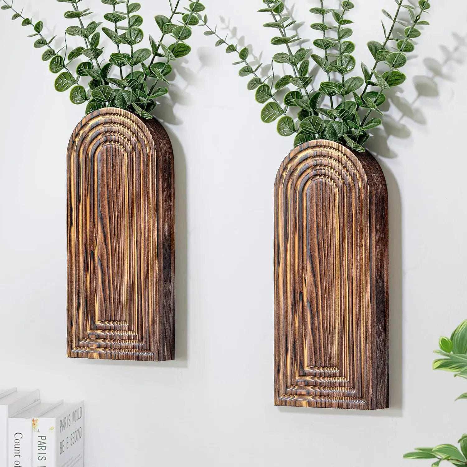 Wooden Wall Planter Vase Set of 2, Boho  Planter for Indoor  & ,   Wall-Mounted Planters for Art  Decor - Living Room, Bedroom, Bathroom, Patio (Brown)