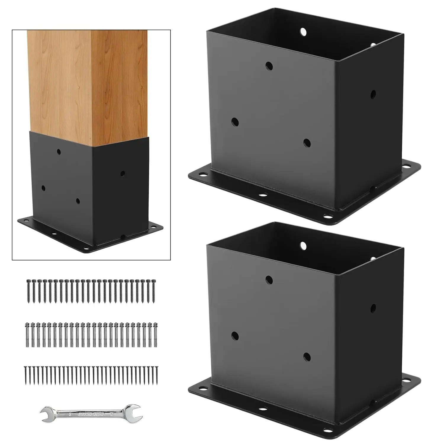 Heavy Duty Square Post Brackets with Metal Base, 2-Piece Heavy Duty Fastening, 4x6 Size (3.6in x5.6in Inner Dimensions), Fence Support with Hardware for Porch, Pergola Wood & Concrete Installation, Sturdy Home Supply Bracket, Two Pieces