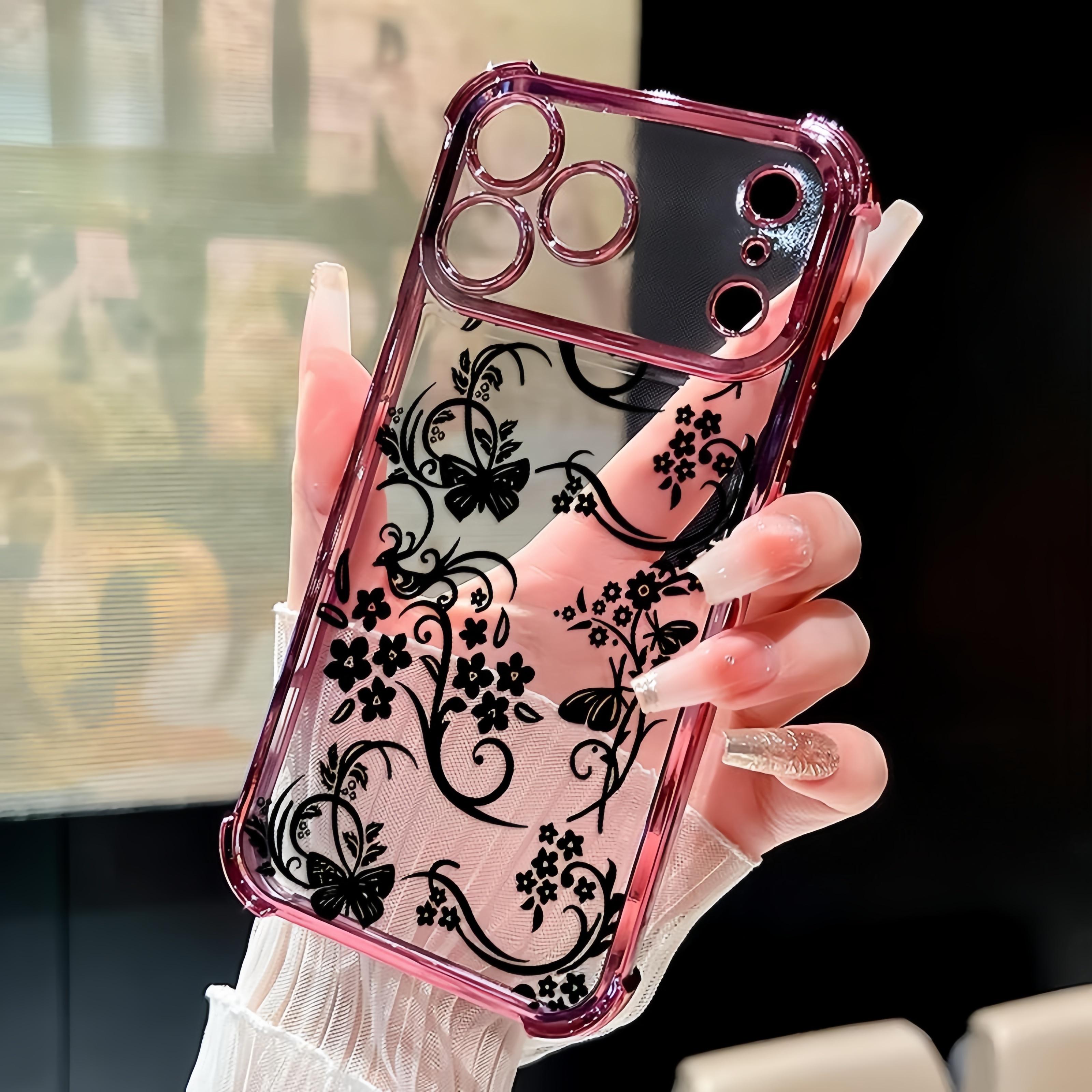 Elegant Floral Vines Pattern Four Corner Anti-Fall Phone Case Transparent Electroplated Protective Cover for iPhone 17 Pro Max Air 16 15 Plus 14 13 12 11 E Slim Lightweight TPU Case with Full Lens Protection