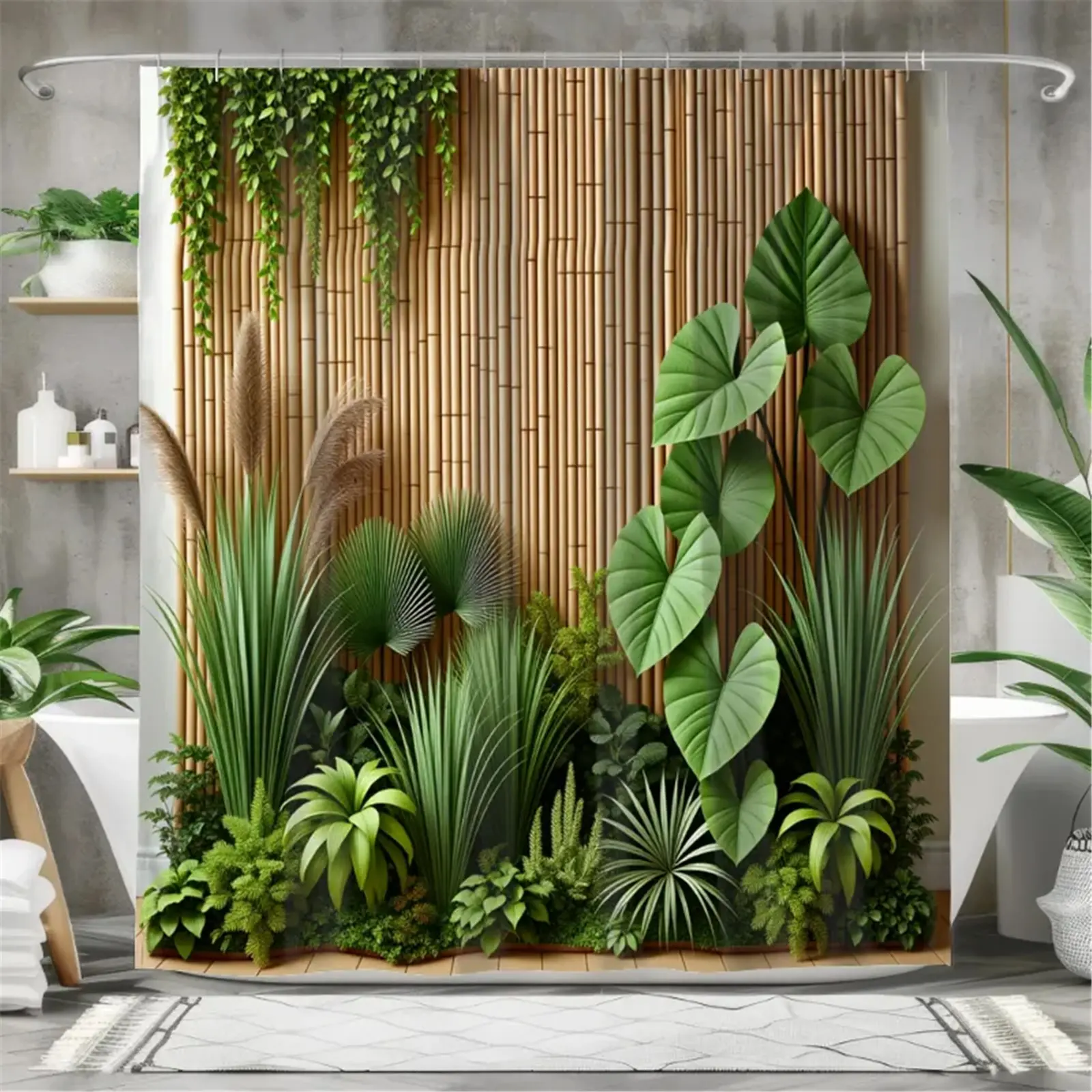 Tropical green bamboo curtain pattern shower curtain set, waterproof shower curtain with 12 hooks, non-slip bathroom carpet, toilet U-shaped cushion, toilet seat cover cushion, bathroom decoration, bathroom shower curtain set, perfect mobile gift.