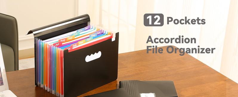 Accordion File Organizer 12 Pockets, Monthly Bill Receipt Tax Organizer, Expanding File Folders with Larger Bright Tabs, Fits Letter/A4 Size  Black