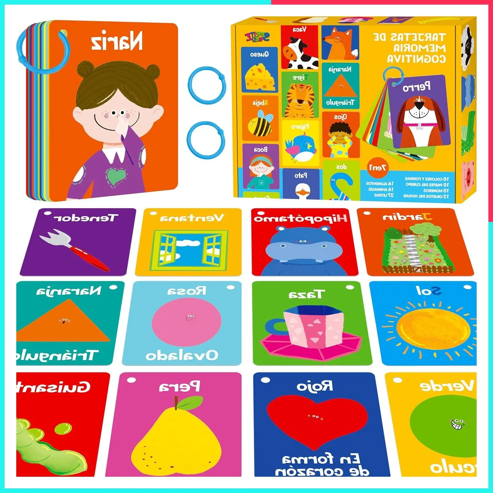 51 Pcs Spanish Baby Cognitive Flashcards, 7-in-1 Double Sided Alphabet, Numbers, Foods, Animals, Shapes & Colors with 2 Reclosable Rings, Toddler Learning Tool
