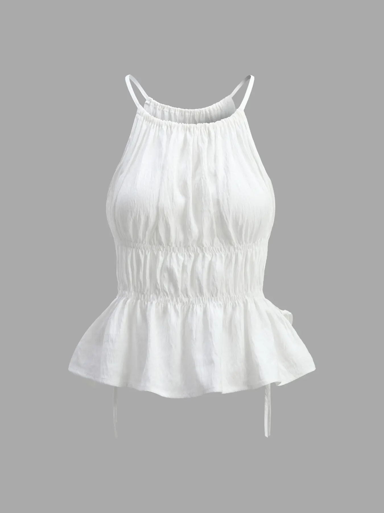 Summer Textured Halter Top, Sleeveless Waist Cinch Drawstring Ruffle Edge Blouse, French Chic Style, Casual Wear, Vacation, Date, Fit