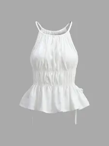 Summer Textured Halter Top, Sleeveless Waist Cinch Drawstring Ruffle Edge Blouse, French Chic Style, Casual Wear, Vacation, Date, Fit