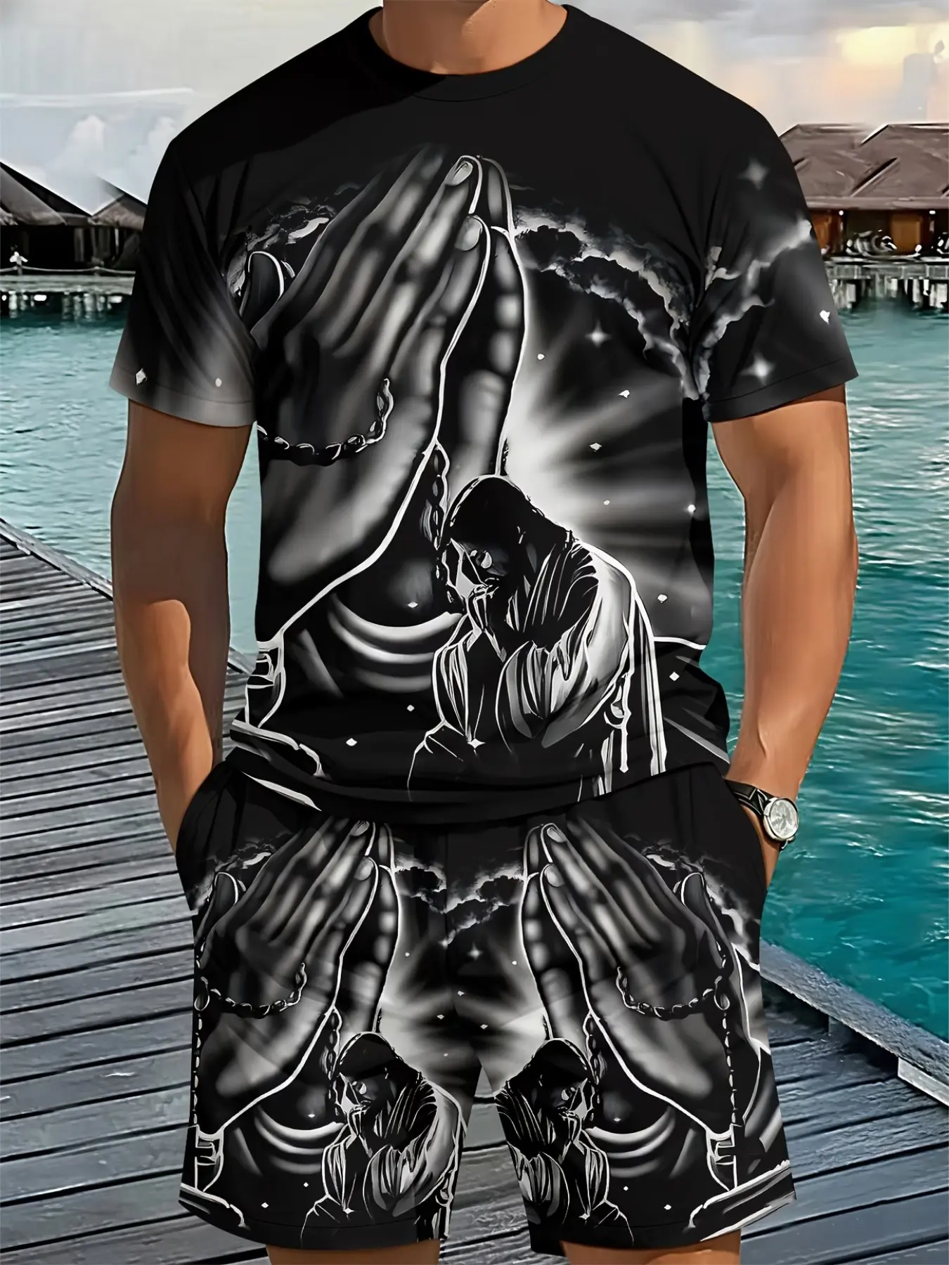 Men's 2-Piece Digital Print Round Neck Short Sleeve Set, Dark Style Prayer Hand Print, European Religious Fashion, Unique and Eye-Catching