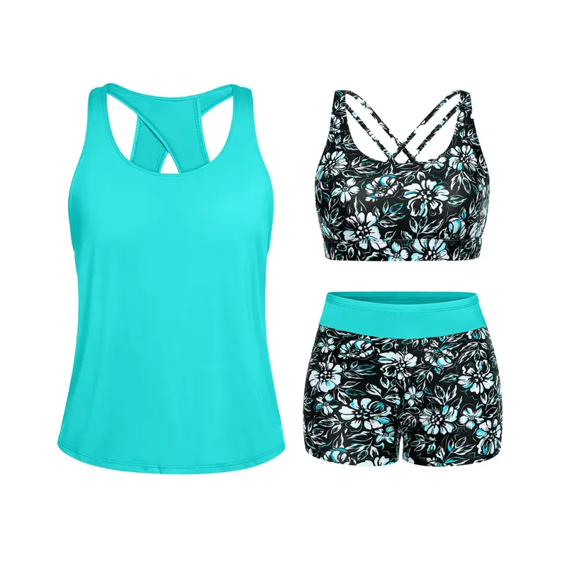 Tempt Me Three Piece Tankini Swimsuits for Women Athletic Bathing Suits Swim Tank Top with Boy Shorts and Bra Modest Swimwear