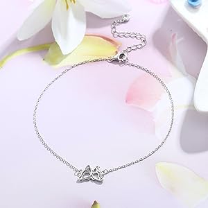 Trendy Summer 925 Sterling Silver Ankle Bracelets for Women Heart Butterfly Beaded Initial Anklet Layered Dainty Chain Adjustable Beach Foot Jewelry Summer Cute Beach Gift for Her