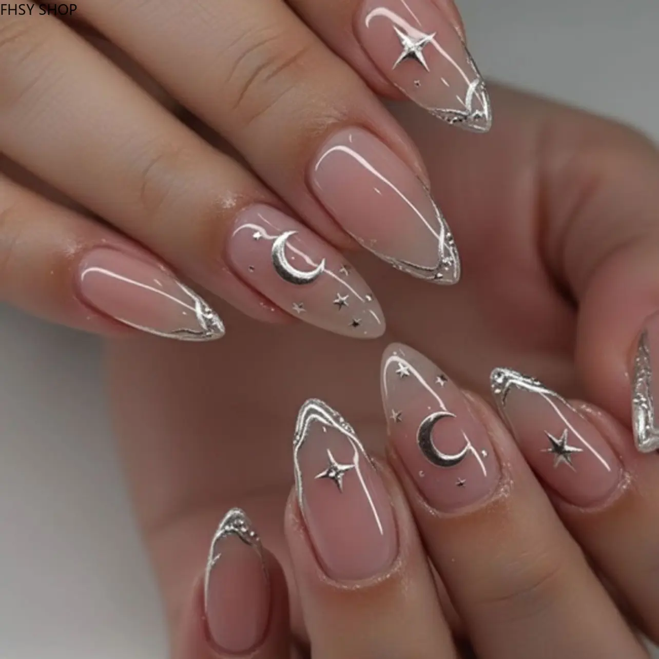 24Pcs French 3D Celestial Press-On Nails for Women, Short Almond Silver Star & Moon Fake Nails with Glossy Shimmer Finish, Complete Reusable Manicure Kit, Perfect Gift for Starry Night & Moon Lovers