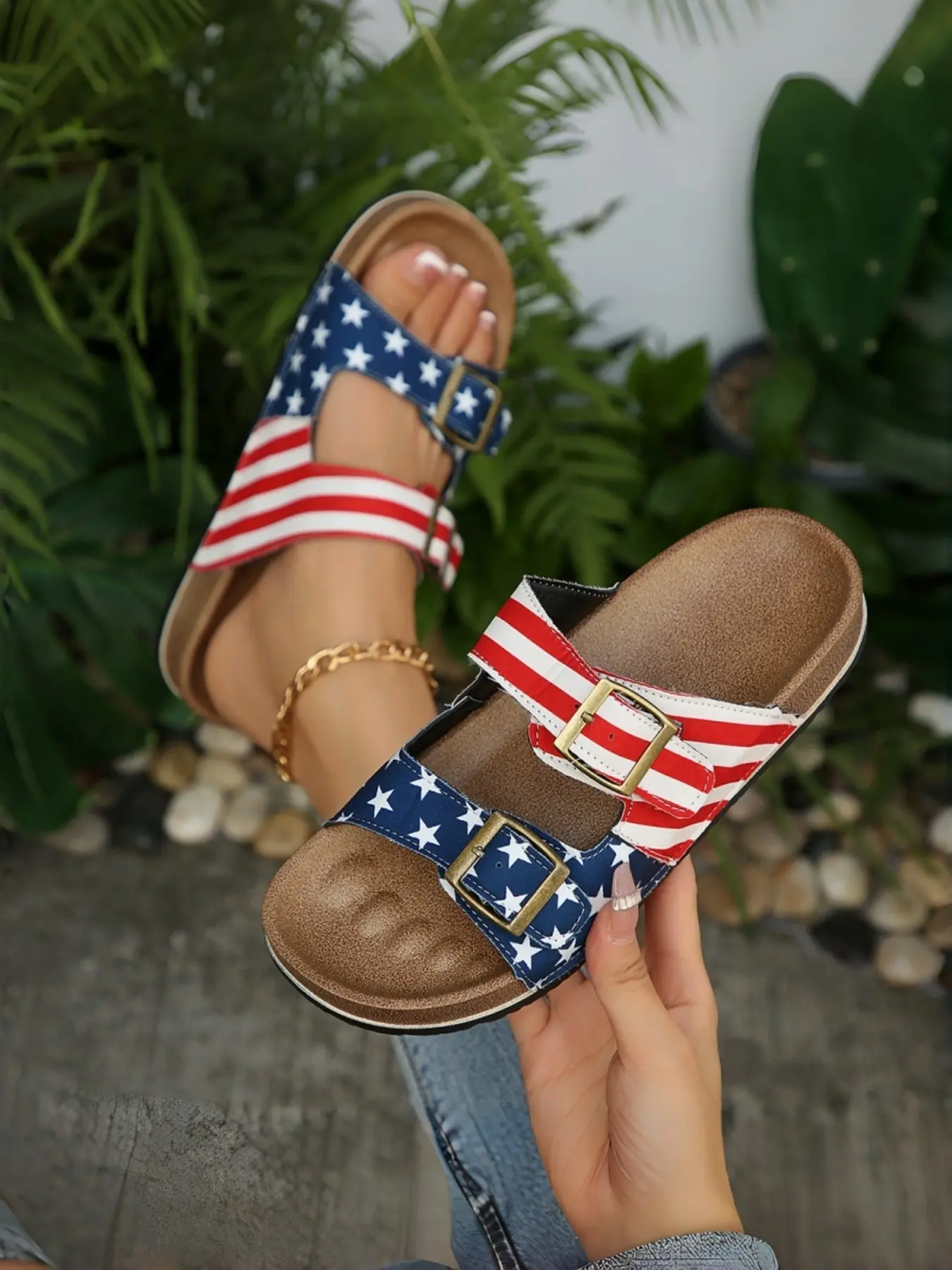 Vintage Star-Spangled Flat Sandals, Adjustable Buckle Strap, Non-Slip Foam Sole, Summer Outdoor Beach Women's Flip Flops, Comfortable & Stylish, Casual Summer Footwear