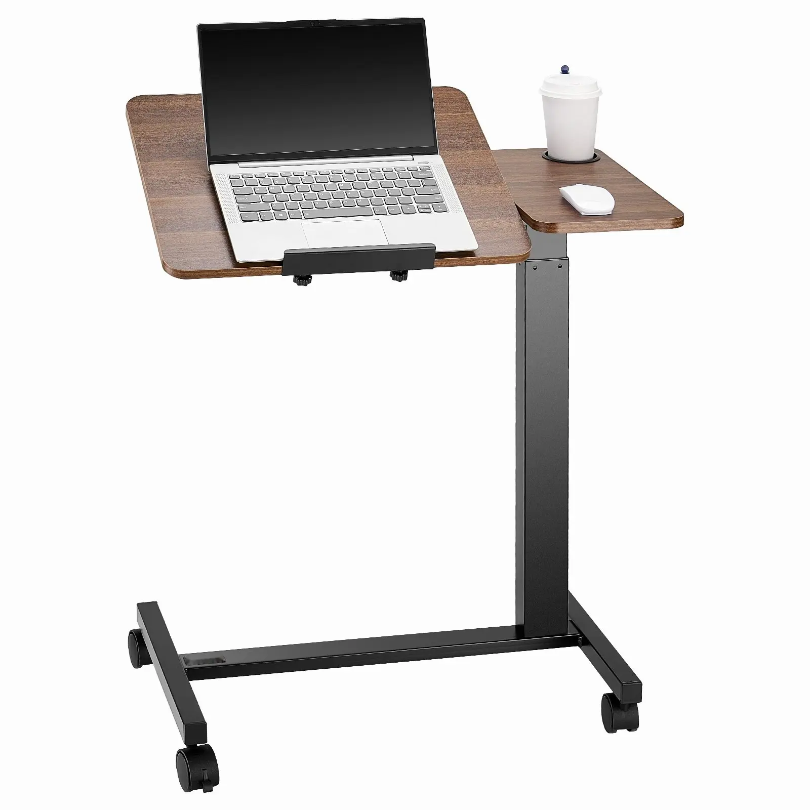 Overbed Table With Flip-Up Desktop, Mobile Bed Side Table On Four Locking Wheels, Height And Angle Adjustable Rolling Laptop Desk With Cup Holder, Portable Bedside Desk For Home Office Study, Wood And Black Finish