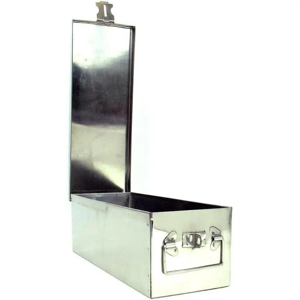 Lock Box with Folding Handle - Durable Metal Storage Chest with Stackable Design to Secure Valuables, Cash, Jewelry, and Weapons (Silver)