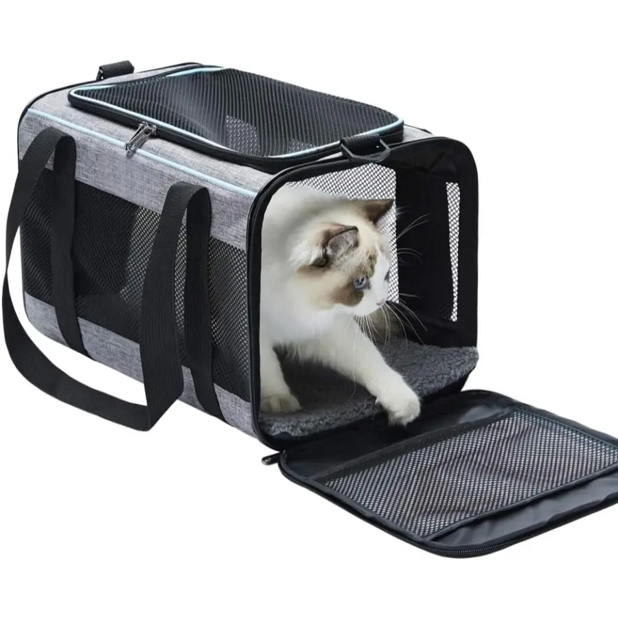 Cat Carrier Airline Approved Soft Sided Pet Carrier for Cats and Small Dogs Portable Travel Cat Bag with Mesh Ventilation Safety Leash and Shoulder Strap up to 15 lbs