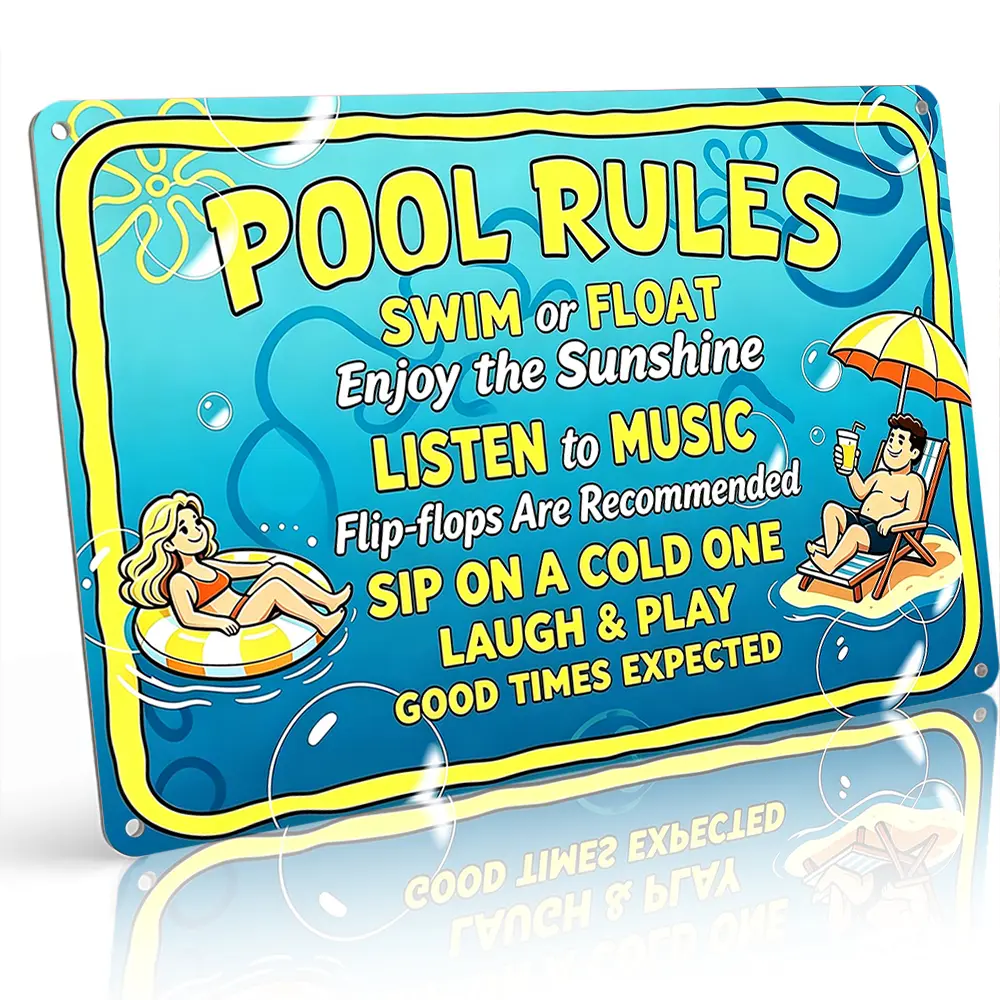 "Pool Rules Swim Float Sunshine Music" Fun Pool Sign, 8"x12", Rust-Proof Aluminum Metal Sign, For Poolside & Backyard Patio Use, Bright Summer Vibe, Perfect Pool Owner Birthday Gift