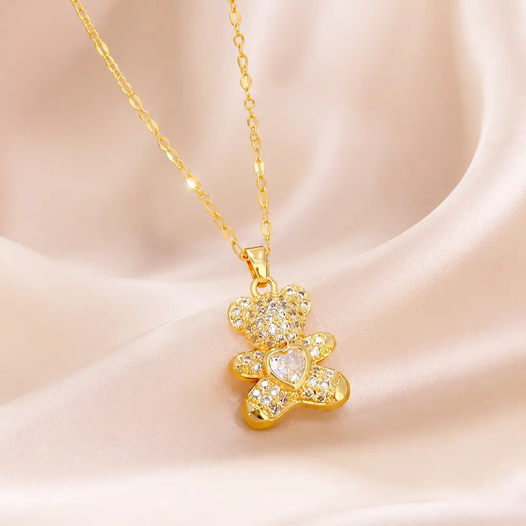 Cute Heart Inlaid Zircon Bear Necklace, 14K Real Gold Plated Brass Hypoallergenic Necklaces for Sensitive Skin, Sparkling Cubic Zirconia Dainty Adjustable Chain Jewelry, Trendy Daily Stackable Accessory Perfect Birthday Valentine Gift for Girls Women