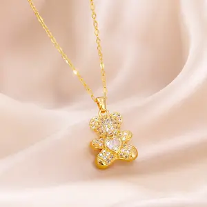 Cute Heart Inlaid Zircon Bear Necklace, 14K Real Gold Plated Brass Hypoallergenic Necklaces for Sensitive Skin, Sparkling Cubic Zirconia Dainty Adjustable Chain Jewelry, Trendy Daily Stackable Accessory Perfect Birthday Valentine Gift for Girls Women