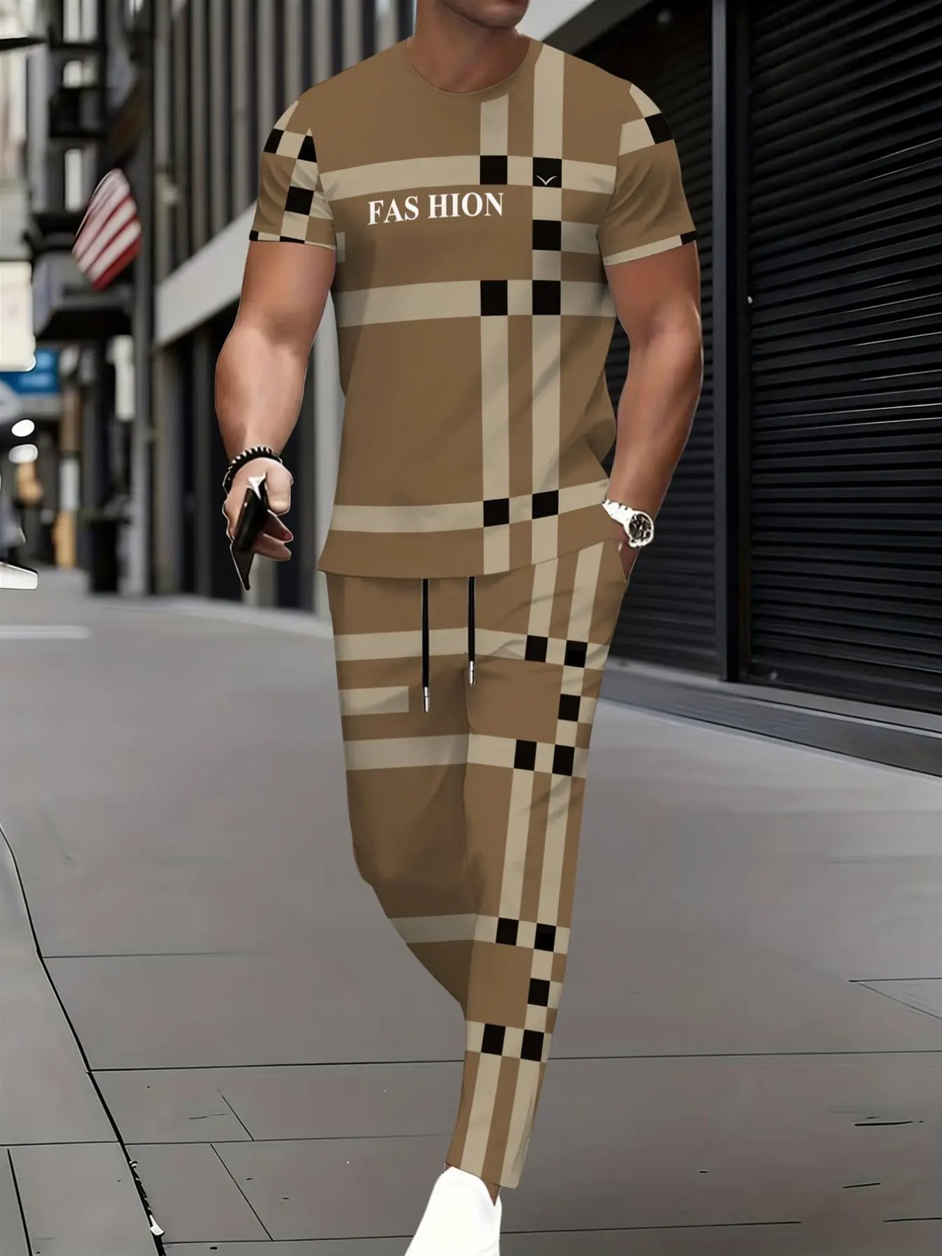Men Plaid Grid Letter Print Short Sleeve Crew Neck T-shirt & Drawstring Long Pants 2 Piece Casual Tracksuit