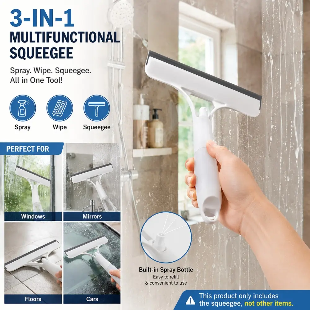 3-in-1 Window Squeegee with Spray Bottle, Double-Sided Glass Cleaning Tool for Shower Doors, Windows, Mirrors, Floors & Car Windshields
