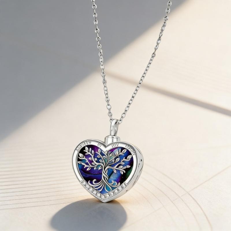 Heart Tree Life Urn Pendant Easter Memorial Necklace - Abalone Shell & Stainless Steel Short Chain - Cremation Jewelry for Memorial